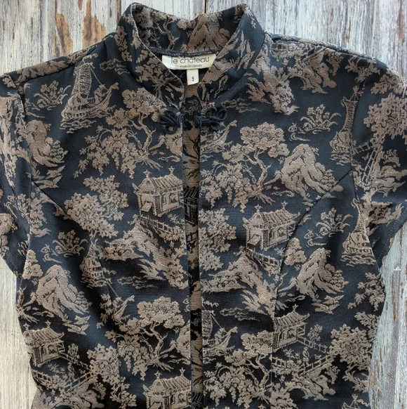 Vintage Cheongsam Qipao Mini Zippered Dress Black Gold Women's Small - Picture 4 of 8